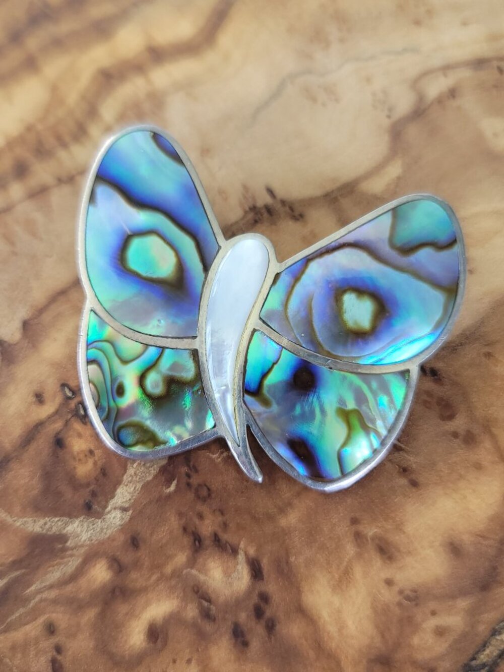 Abalone Shell, Mother of Pearl & Sterling Butterfly Brooch by Sajen
